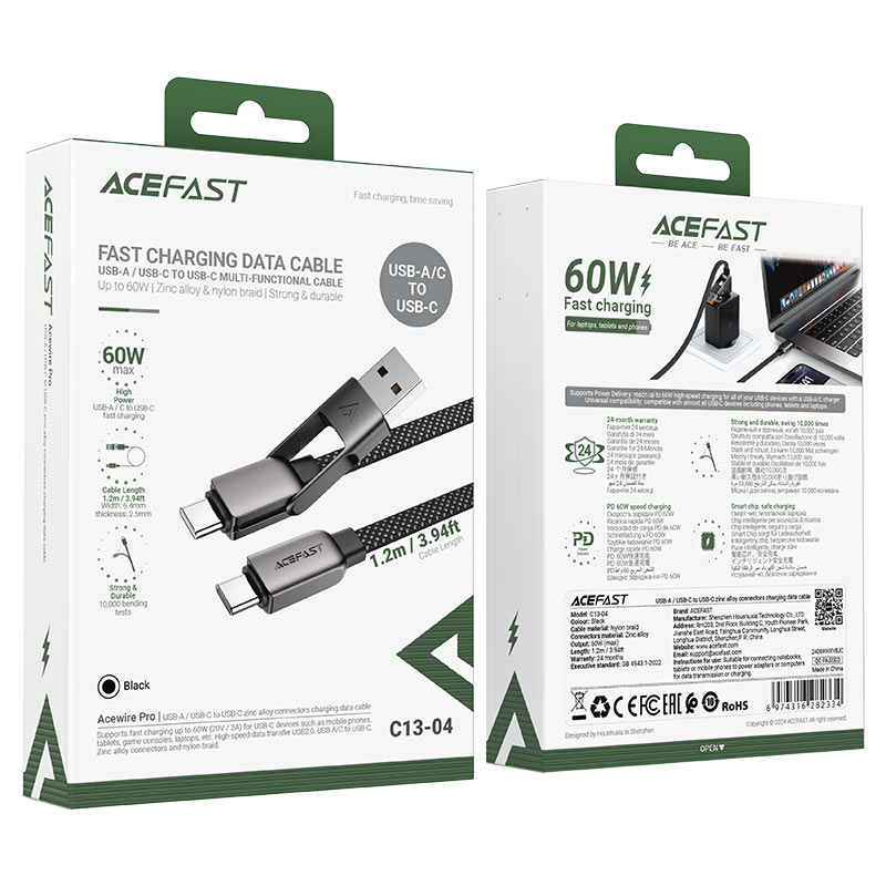 کابل شارژ Type-C 2in1 با توان 60 وات ایس فست مدل acefast C13-04