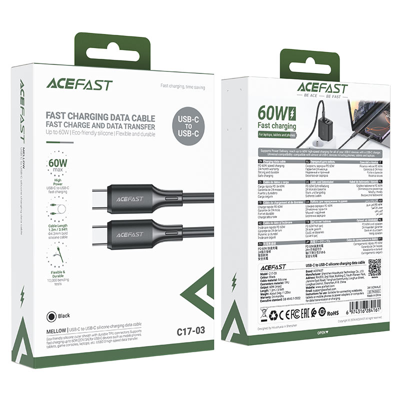 کابل شارژ دوسر تایپ سی 60 واتی 1.2 متری ایس فست مدل AceFast C17-03