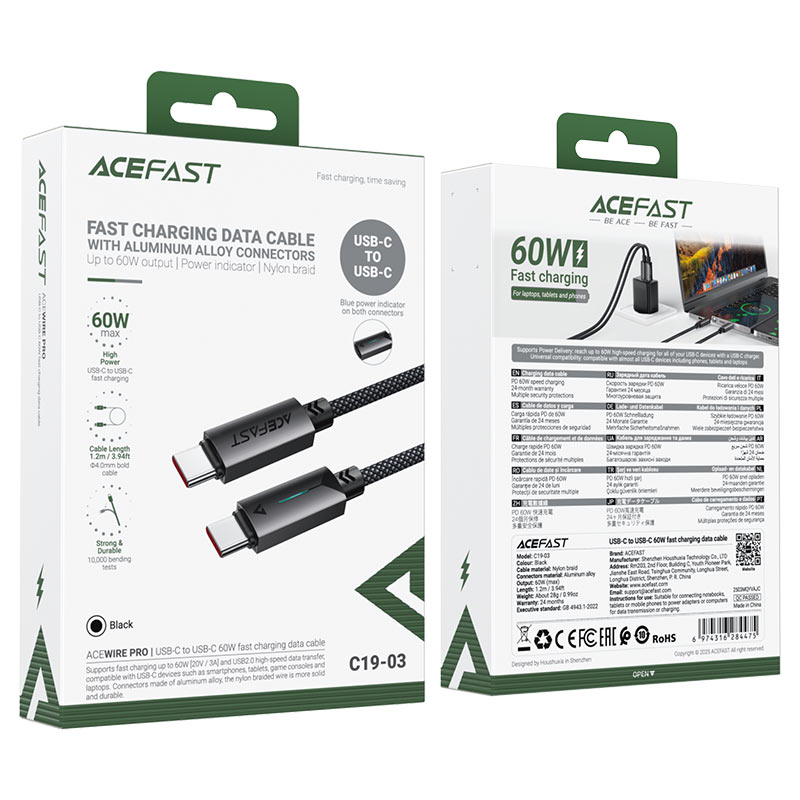 کابل Type-C به Type-C ایس فست ACEFAST C19-03 طول 1.2 متر توان 60 وات
