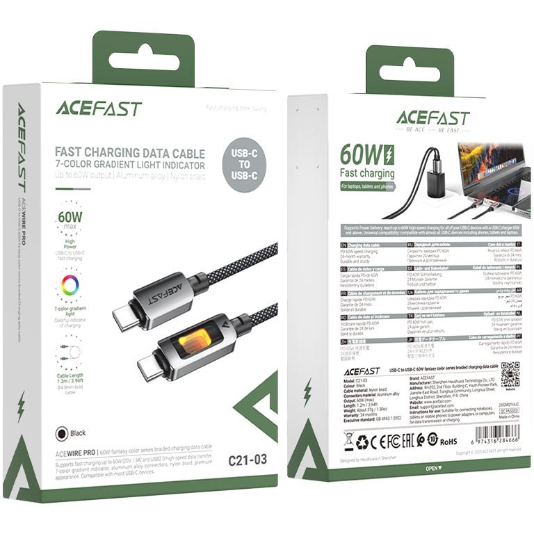 کابل شارژ دوسر Type-C ایس فست 60 وات مدل acefast c21-03