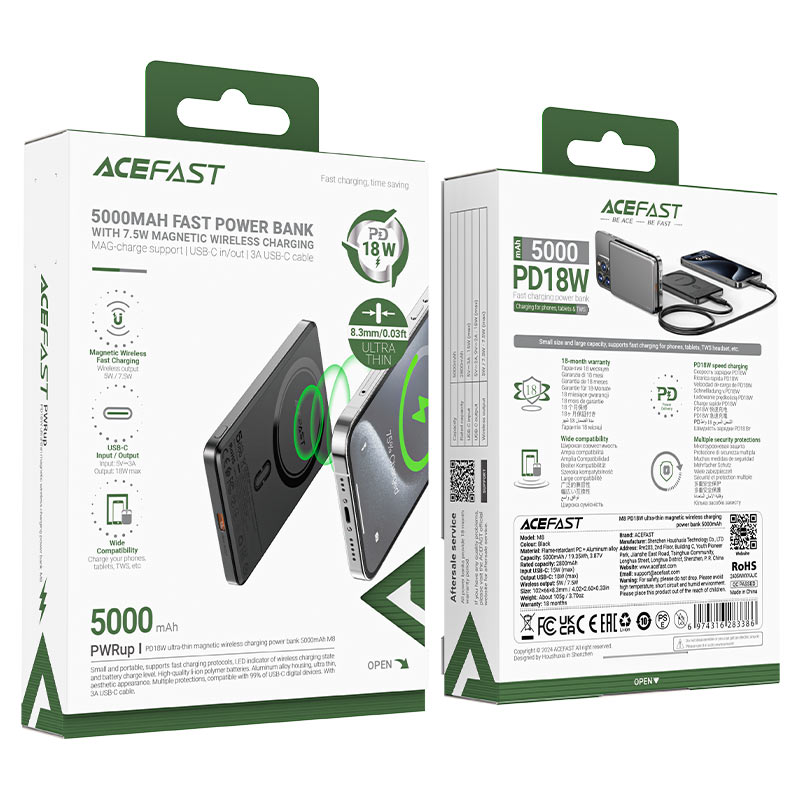 پاوربانک 5000 میلی آمپر مگ سیف ایس فست مدل acefast M8 Wireless